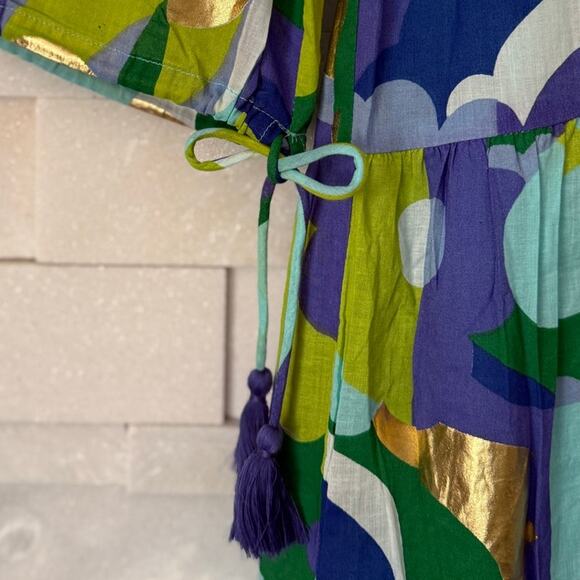 JUDE CONNALLY NWT Monaco Tiered Midi Dress w/Tasseled Cuffs S Blue Purple Gold - Picture 7 of 10